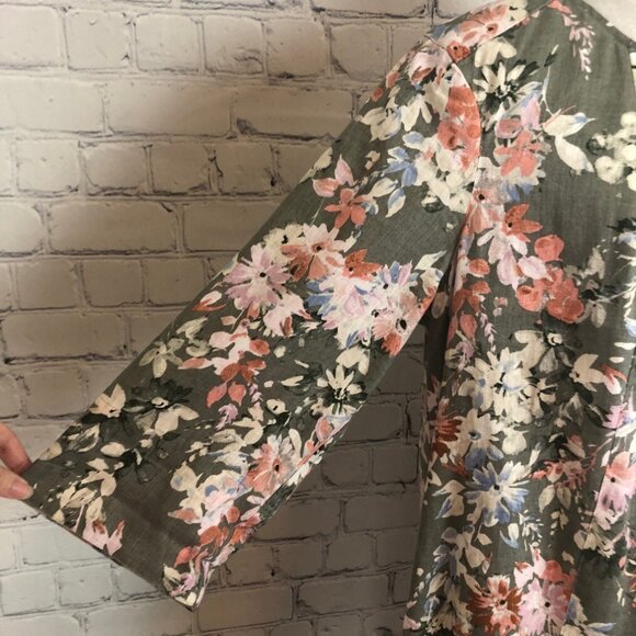 J Jill Love Linen Floral Dress Petite Size PM 100% Linen Green Pockets - Picture 7 of 10